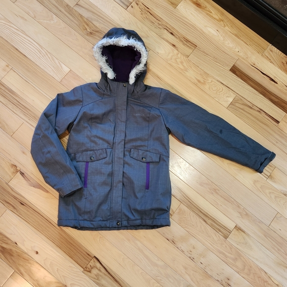 Magellan Outdoors Girl's Hooded Parka Coat Jacket Gray Purple Trim Size L - Picture 3 of 7